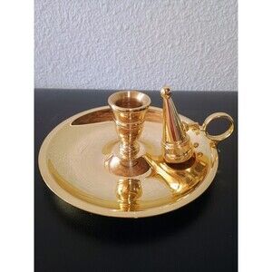 Vintage Solid Brass Round Chamber Style Finger-Loop Candlestick Holder W/Snuffer